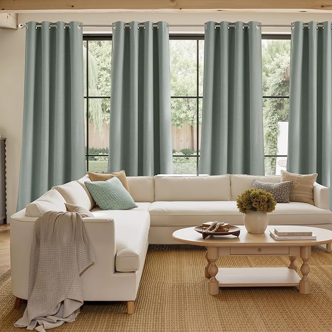 NICETOWN Sage Green Faux Linen Room Darkening Rod Pocket Curtains 63 inch Length, W42 x L63, Light Blocking Thermal Insulated Noise Reducing Drapes for Bedroom Living Room Farmhouse Decor, 2 Panels