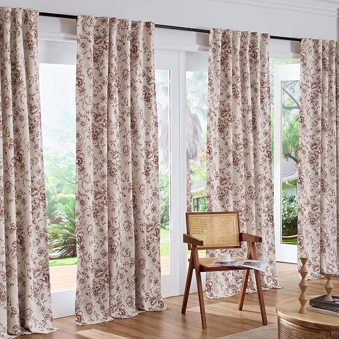 jinchan Blackout Floral Curtains for Living Room Bedroom Linen Blend Curtain Farmhouse Brick Red Printed with Lined Back Tab Rod Pocket Drapes Window Treatments 2 Panels 63 Inch