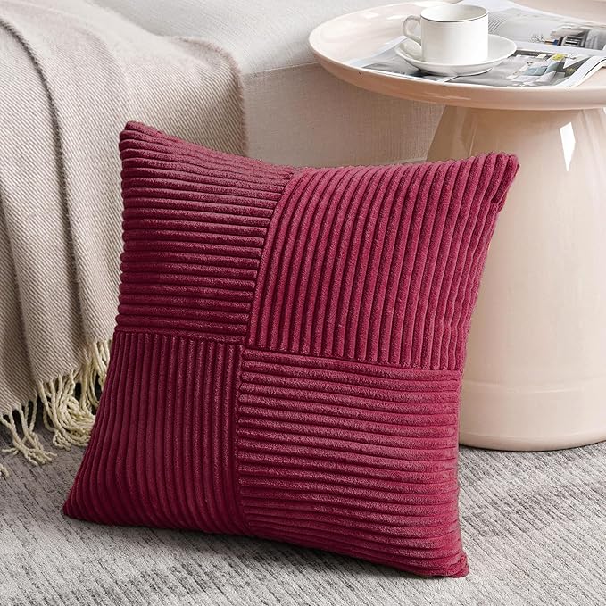 Fancy Homi 2 Packs Burgundy Red Decorative Throw Pillow Covers 18x18 Inch for Living Room Couch Sofa, Boho Christmas Home Decor, Soft Corss Corduroy Patchwork Textured Square Cushion Case 45x45 cm