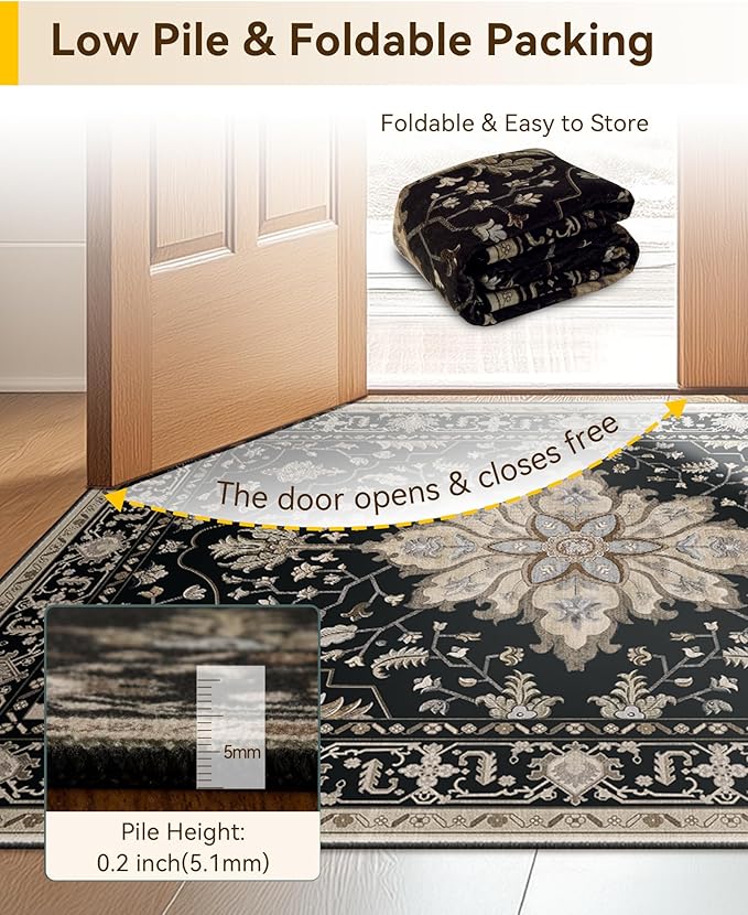 Area Rugs 3'x10' Runner Rug Non Slip Washable for Kitchen Hallway Bedroom Beside Laundry Room Bathroom Rug, Floor Carpet, Black Brown Neutral Dark Tan