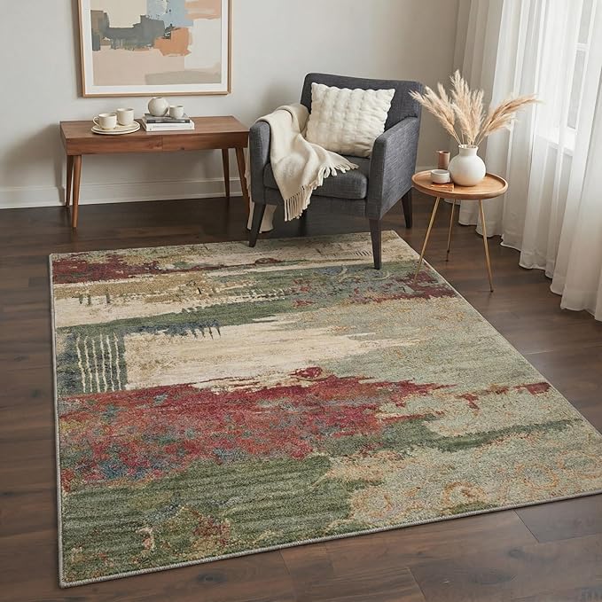 Area Rugs 5x7 for Living Room Bedroom, Modern Abstract Machine Washable Rug, Large Soft Low Pile Floor Carpet with Non Slip Backing for Dining Room, Moss Green