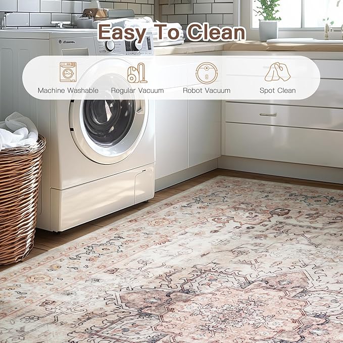 Lofus 3x5 Area Rugs for Living Room, Washable Area Rug, Rugs for Bedroom, Kitchen, Vintage Boho Carpet, Soft Non-Slip, Low Pile Large Area Rug for Office Dining Room, Pink