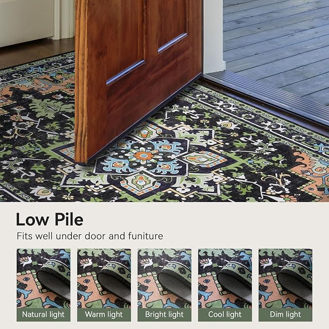 Lofus 9x12 Area Rugs for Living Room, Machine Washable Area Rug, Soft Large Rugs for Bedroom, Kitchen, Office and Indoor, Vintage Boho Carpet, Non-Slip Low Pile Carpets, Dark Green