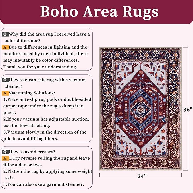 SERISSA Boho Rugs for Entryway, 2x3 Washable Non-Slip Rug Small Area Rug, Ultra Soft Oriental Vintage Burgundy Navy Low-Pile Indoor Door Mat Floor Carpet for Entrance Bedroom Kitchen Bathroom