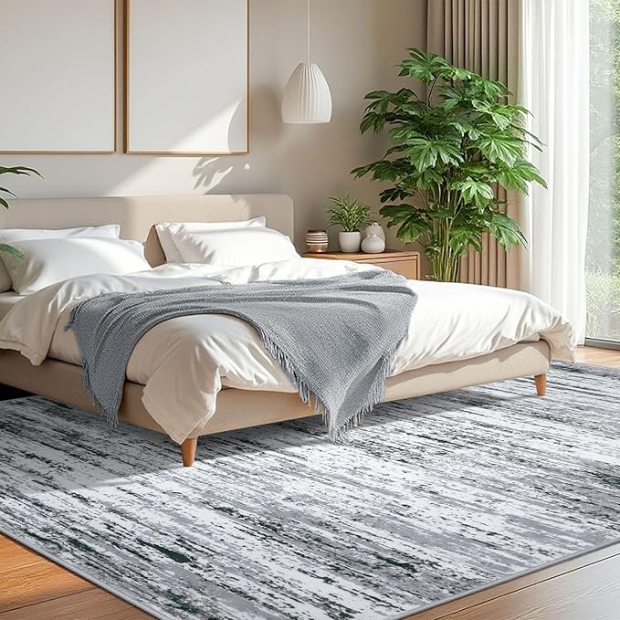 Lansny Modern Abstract 8x10 Large Machine Washable Living Room Rug Non-Slip Soft Bedroom Area Rug Black Gray White Ultra Thin Print Faux Wool Carpet Throw Rugs for Nursery Playroom Dining Room Indoor