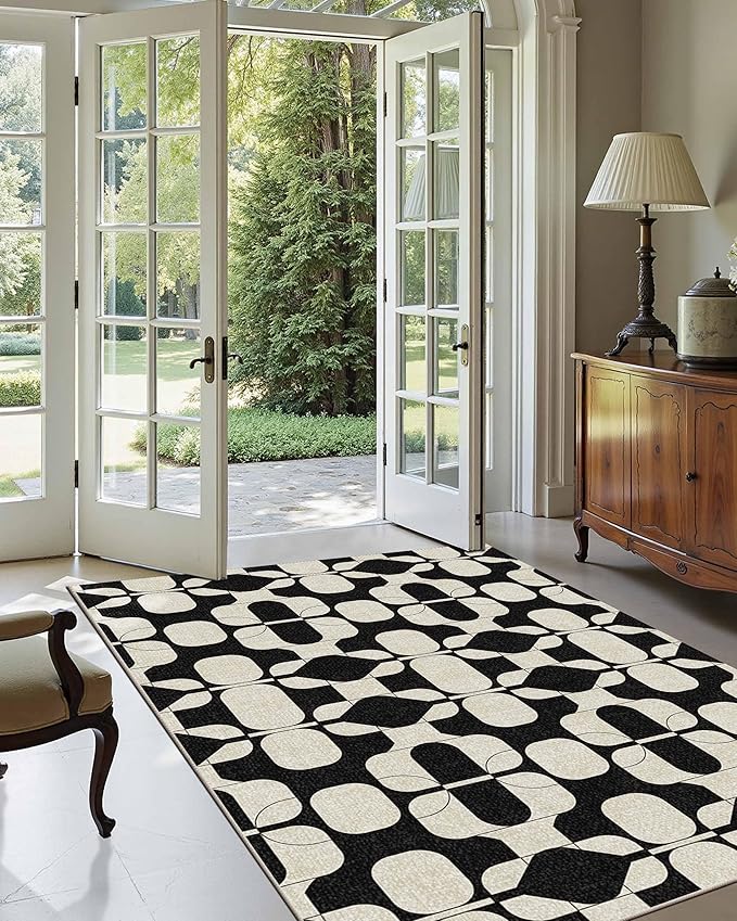 Latte&Fog 3x5 Entryway Rug, Vintage Washable Area Rug, Boho Non Slip Low Pile Throw Carpet for Indoor Bedroom Bedside, Kitchen, Entry and Living Room - Black Beige