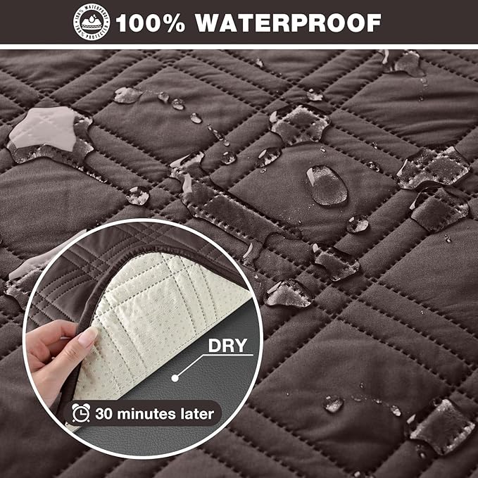 TAOCOCO 100% Waterproof Recliner Sofa Cover Non Slip Couch Cover for 3 Seat Reclining Sofa, Split Reclining Couch Covers 3-Piece with Straps, Washable Sofa Slipcover for Kids Pets(3 Seater, Chocolate)