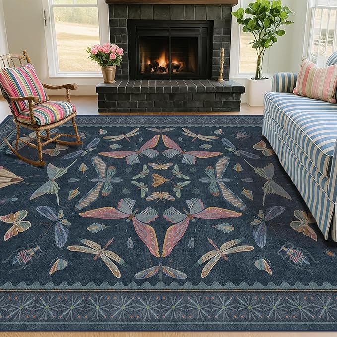 Blue 5x8 Washable Living Room Rugs - Stain Resistant Non Slip Insect Rug for Dining Room, Low Pile & Soft Carpet for Bedroom, Dark Vintage Décor Indoor, Non Skid with Rubber Backing