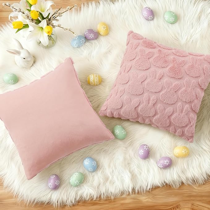 decorUhome Easter Bunny Pillow Covers 16x16 Inch Set of 2, Soft Plush Faux Wool Jacquard Pink Rabbit Cushion Covers, Farmhouse Neutral Spring Easter Holiday Decor for Couch Sofa Bed