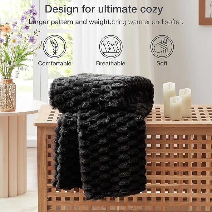 EXQ Home Fleece Throw Blanket for Couch and Bed, 3D Imitation Large Turtle Shell Jacquard Decorative Blankets, Plush Lightweight Fuzzy Flannel Blanket Suitable for All Seasons (50"×60",Black)