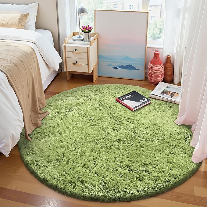 OLANLY Grass Green Round Rugs for Bedroom - Machine Washable, 7 ft Circle Area Rugs for Living Room, Soft and Fluffy Shaggy Carpet for Teen Girls and Boys, Nursery Rooms, Dorms, Home Decor Aesthetic