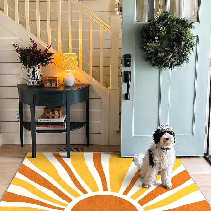 3x5 Boho Entry Rug - Small Washable Indoor Outdoor Mats for Front Door Non-Slip Porch Rug Orange Modern Retro Sun Throw Rugs for Living Room Bedroom Entryway Kitchen Office Porch Decor