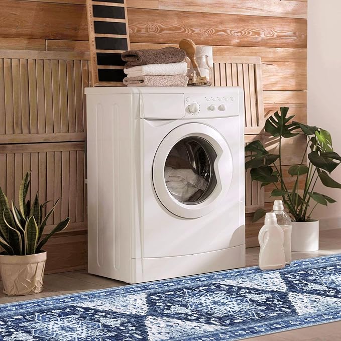 Yamaziot Washable Runner Rug, 2x8 Non-Slip Boho Vintage Hallway Rug Runner with Rubber Backing, Stain Resistant & Low Pile Faux Wool Distressed Carpet Runner for Bedroom, Kitchen, Laundry, Entrance