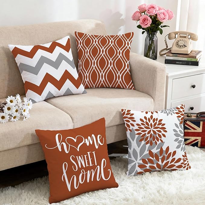 Hexagram Geometric Burnt Orange Pillow Covers 18x18 Set of 4, Decorative Outdoor Boho Modern Throw Pillow Covers, Home Sweet Home Farmhouse Cushion Case for Couch Sofa Bedroom Indoor Decor(No Insert)