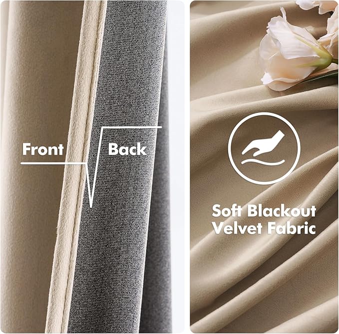MIULEE 2 Panels Blackout Velvet Curtains Solid Soft Grommet Camel Beige Curtains Thermal Insulated Soundproof Room Darkening Curtains/Drapes/Panels for Living Room Bedroom 52 x 72 Inch