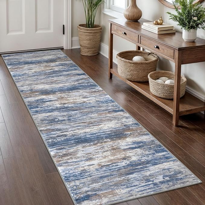 KOZYFLY Modern Abstract Hallway Runner Rug, 2x8 Kitchen Rugs Non-Slip Washable Soft Striped Runner Rugs, Print Blue Rust Carpet Runner for Entryway Bathroom Laundry Room Foyer
