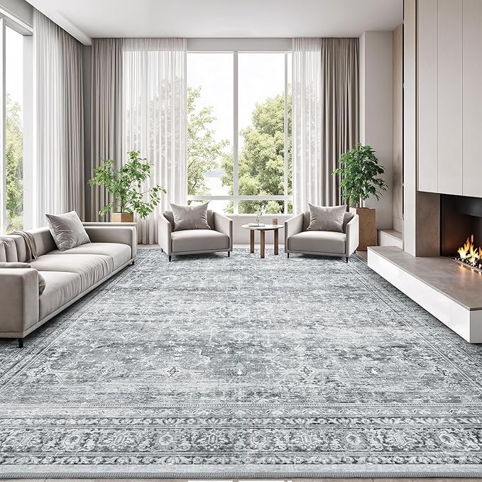 Lofus 9x12 Area Rug for Living Room,Grey Washable Large Rugs with Non-Slip Backing,Soft Neutral Carpets for Bedroom Dining Room Home Office Indoor Nursery