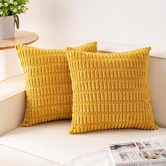 Pack of 2 Corduroy Decorative Throw Pillow Covers 20x20 InchSoft Boho Striped Pillow Covers Modern Farmhouse Home Decor for Sofa Living Room Couch Bed（Yellow）