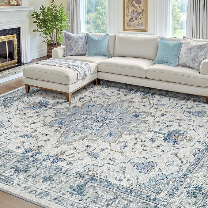 Area Rugs 7'x9' Washable Non-Slip, Floral Vintage Distress Print Pattern Medallion Carpet for Living Room Bedroom Dining Room, Light Blue Navy Beige Gray White