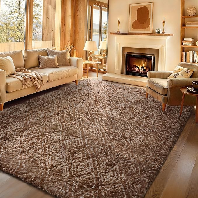 Ophanie Brown and White Diamond Striped Rugs for Living Room 9x12, Fluffy Shag Large Fuzzy Plush Soft Carpets, Shaggy Rugs for Bedroom, Carpet for Kids Boys Girls Dorm Nursery Home Decor Aesthetic