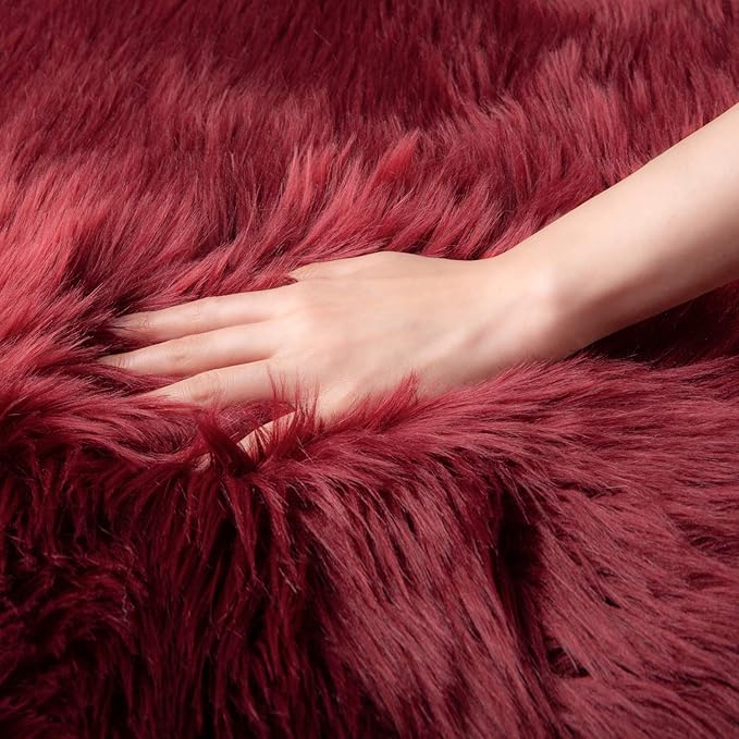 Ashler faux fur rug, Fluffy Shaggy Area Rug Ultra Soft 2 x 3 Feet Sheepskin Fur Rug, Deep Red Fuzzy Rug Machine Washable Shag Rug, Nursery Decor Throw Rugs for Bedroom, kids room, Living Room