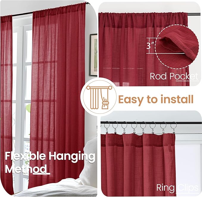 Curtain Panels in Burgundy, Light-Filtering Linen Blend, 63-Inch Length