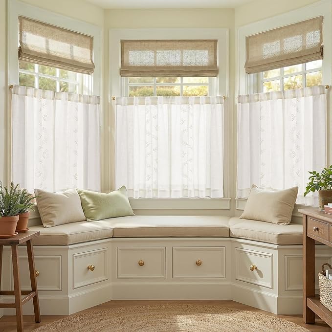 jinchan Belrose Linen Floral Kitchen Curtains 36 inch Length Embroidered Farmhouse Cafe Curtains for Living Room Bathroom Small Windows Curtain Set Sheer Light Filtering 2 Panels White