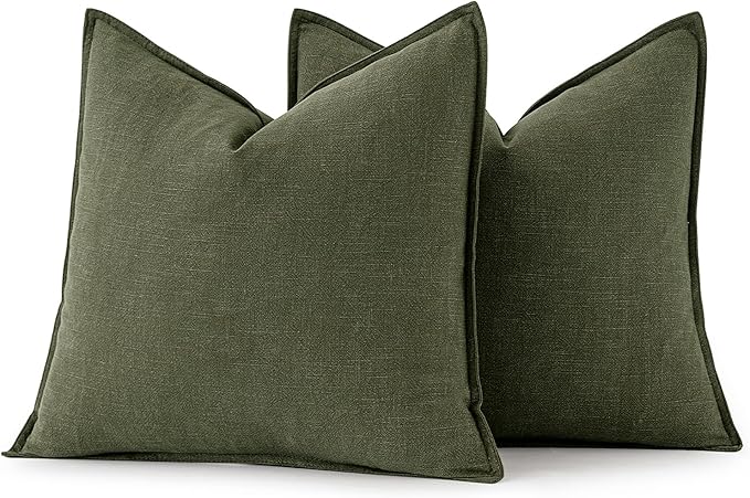 MIULEE Decorative Linen Euro Sham Pillow Covers 24x24 Dark Olive Green Boho Farmhouse Neutral Spring Couch Throw Pillows for Bed Pack of 2 Accent Modern Pillowcase Sofa Livingroom Home Decor
