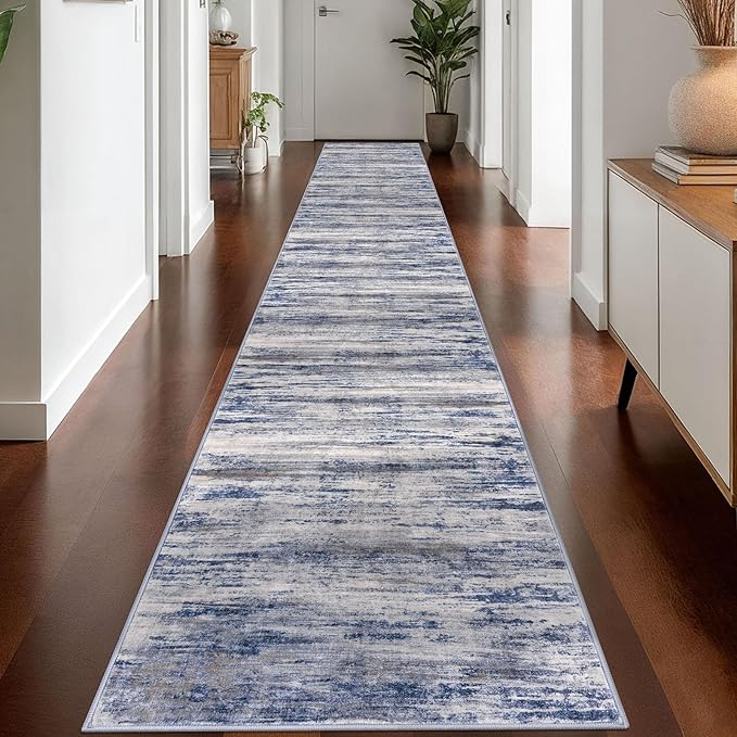 KOZYFLY Modern Abstract Washable Long Rug Runner 2.6x18 Hallway Rug Runner Non-Slip Soft Stair Runners, Grey-Blue Striped 18 feet Runner Rug for Kitchen Entryway Bathroom Laundry Room Foyer