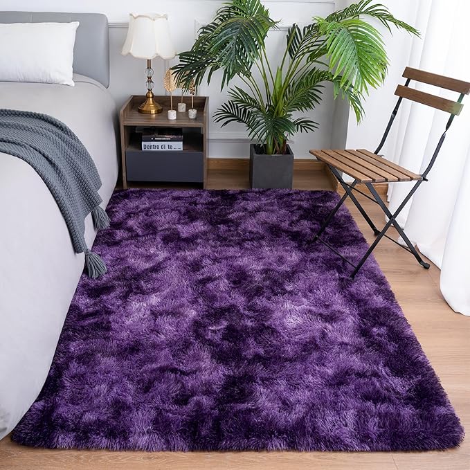 Goideal Fluffy Rug for Bedroom Living Room, 7x10 Purple Area Rugs, Faux Fur Shag Modern Carpet Ultra Soft Girls Boys Room Home Decor, Tie-Dyed