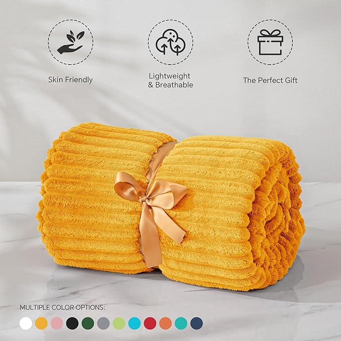 BEDELITE Fleece Blanket - 3D Ribbed Jacquard Decorative Yellow Throw Blanket for Couch & Bed, Lightweight Warm Cozy Soft Fuzzy Blankets All Seasons Suitable 50x60 inches