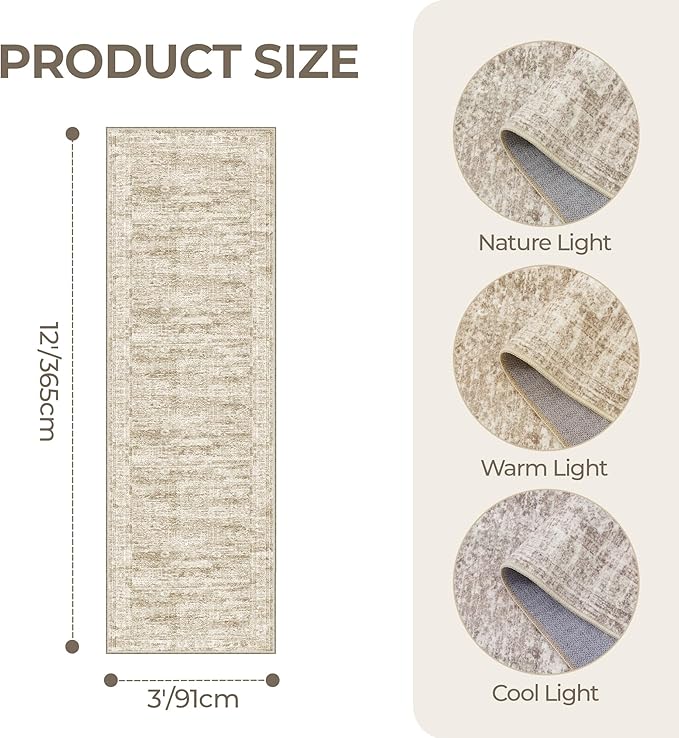 3x12 Runner Rug for Hallway, Non-Slip Long Bathroom Rugs Runner for Kitchen, Bedroom, Soft Vintage Abstract Washable Rug for Entryway, Thin Floor Mat for Dining Room(3'x12', Brown/Ivory)