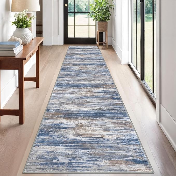 KOZYFLY Modern Abstract Runners for Hallways 2x12 Washable Rug Runner Non-Slip Soft Striped Kitchen Runner Rug, Blue Rust Print Carpet Runner for Entryway Bathroom Laundry Room Foyer