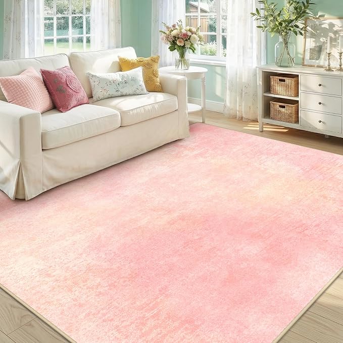 Washable Area Rugs 5'x7' Non-Slip Modern Abstract Soft for Living Room Entryway Bedroom Nursery, Print Pattern, Light Pink