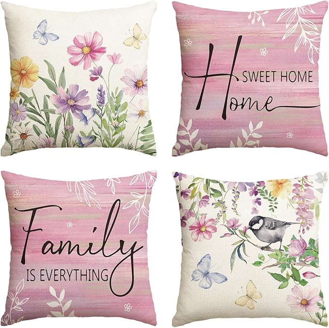 AVOIN colorlife Spring Saying Flowers Butterfly Pink Throw Pillow Covers, 20 x 20 Inch Home Sweet Home Cushion Case for Sofa Couch Set of 4