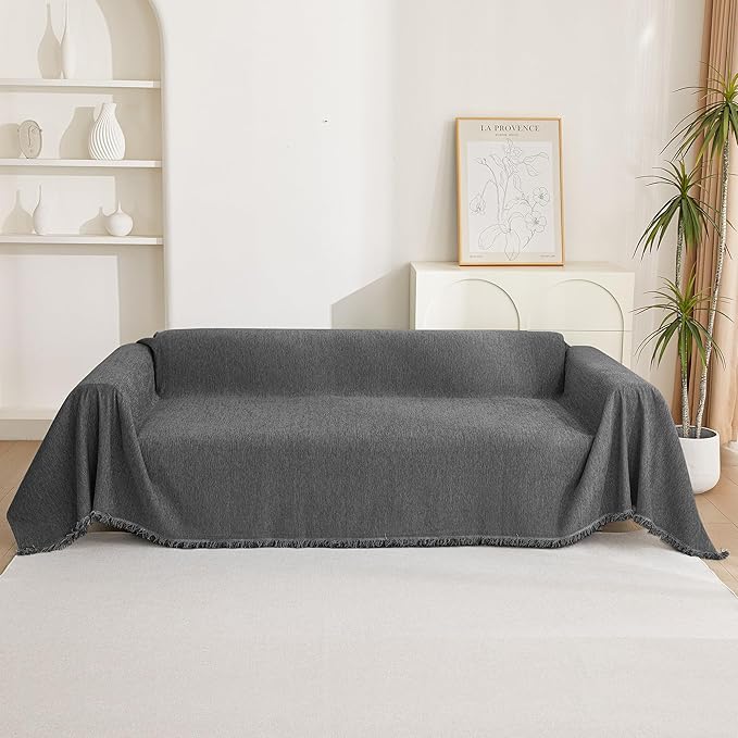 MYSKY HOME Loveseat Cover Charcoal Gray Couch Cover Sectional Couch Covers for 2 Cushion Couch Sofa Thick Universal Chenille Sofa Cover with Tassel Durable Furniture Protector for Dogs 91" x 118"