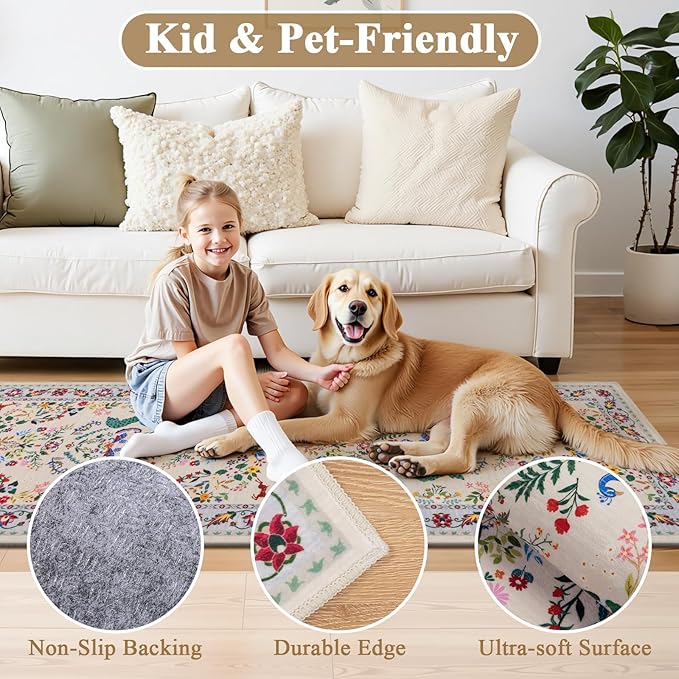 HEBE Washable Hallway Runner Rug 2'x 8' Non Slip Kitchen Rugs Runner,Low Pile Entryway Rug Laundry Room Mat Floral Carpet Runners for Hallways, Kitchen,Bathroom,Laundry,Bedside Rug