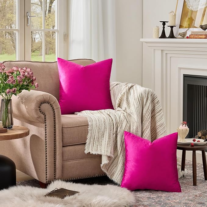GIGIZAZA Throw Pillow Covers 22x22 Inch Hot Pink Velvet Pillows Decorative Covers Pack of 2 for Sofa Pillowcase Cushion Covers