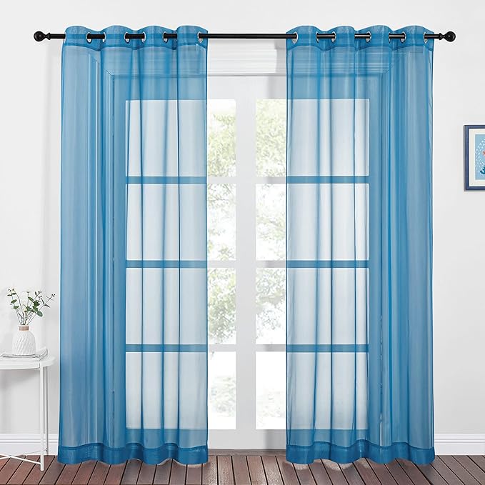 NICETOWN Sheer Curtains for Bedroom Windows 84 inch Length, Grommet Casual Voile Sheer with Light Filter Window Treatments for Nursery/Living Room, Turquoise, Set of 2, 54" Wide