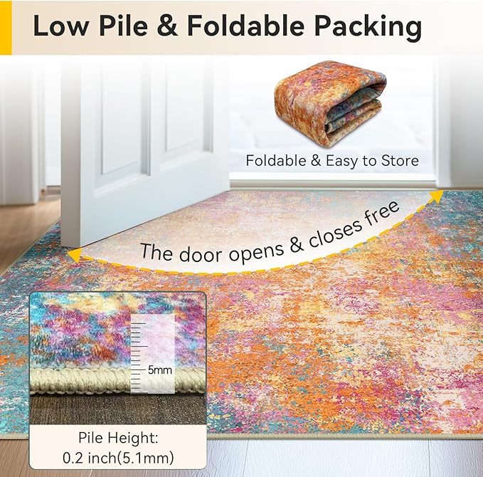 Washable Area Rugs 6'x9' Non-Slip Modern Abstract Soft for Living Room Entryway Bedroom Nursery, Print Pattern, Orange Blue Pink Yellow Colorful