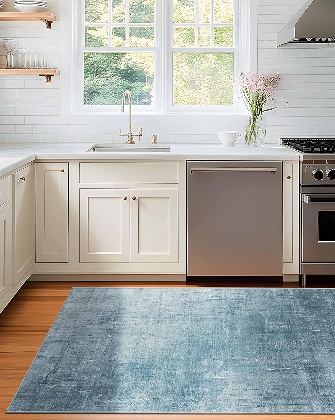 Latte&Fog 3x5 Entryway Rug Indoor, Modern Abstract Washable Area Rug, Boho Non Slip Low Pile Throw Carpet for Indoor Bedroom Bedside, Kitchen, Entry and Living Room - Blue