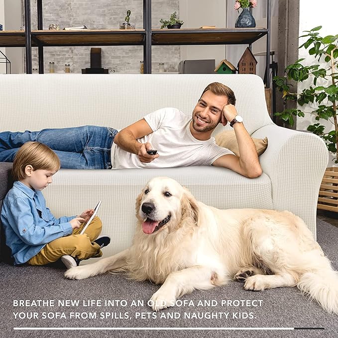 ZNSAYOTX Super Stretch Couch Cover Love Seat Sofa Covers for Living Room Dogs Pet Friendly Furniture Protector Spandex Loveseat Slipcovers with Anti Slip Foam Sticks (White, Loveseat)