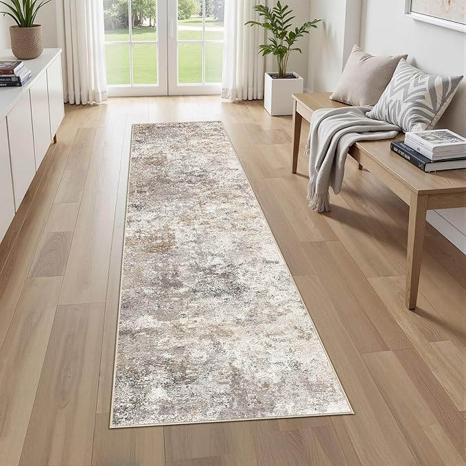 UERMEI 2X8 Washable Runner Rug for Hallway: Soft Neutral Modern Abstract Area Rug - Non-Slip Low Pile Long Throw Indoor Carpet for Kitchen Entryway Kitchen Bedroom Laundry- Brown Grey