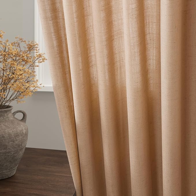 Nanspring Camel Linen Curtains 63 Inches Length 2 Panels Set for Living Room Back Tab Pocket Light Filtering Semi Sheer Drapes Modern Farmhouse Cotton Linen Textured Window Curtain 52X63 Inches