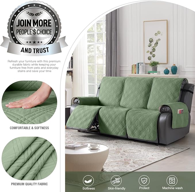 TAOCOCO 100% Waterproof Recliner Sofa Cover, Non Slip Split Couch Covers for Reclining Couches with Elastic Strap, Washable Reclining Sofa Cover Furniture Protector for Kids Pets(3 Seater, Bean Green)
