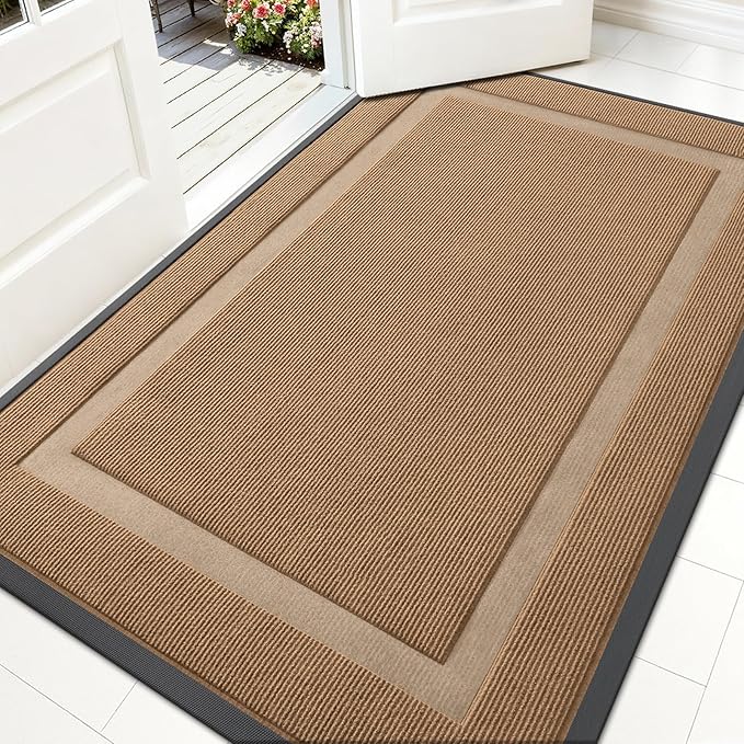 OLANLY Front Door Mat Indoor Outdoor Entrance, Waterproof All-Season, All-Weather Doormat, Sturdy Natural Rubber, Fade Resistant, Low Profile, Easy Clean Patio Porch Entryway Mat, 59x30, Light Borwn