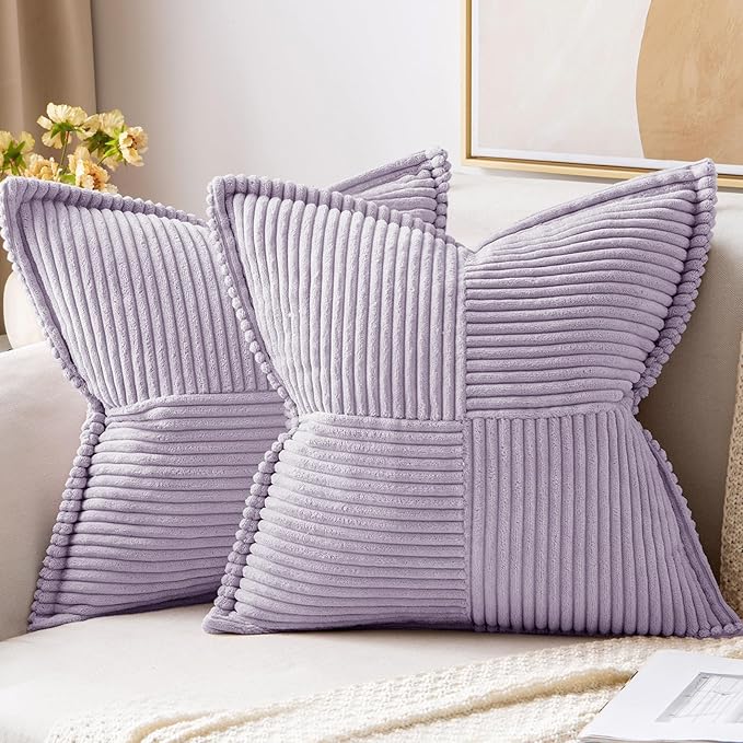 MIULEE Decorative Throw Pillow Covers for Couch Bed Livingroom 20x20 Inch Set of 2 Purple Boho Accent Throw Pllows Broadside Striped Patchwork Soft Corduroy Pillowcases
