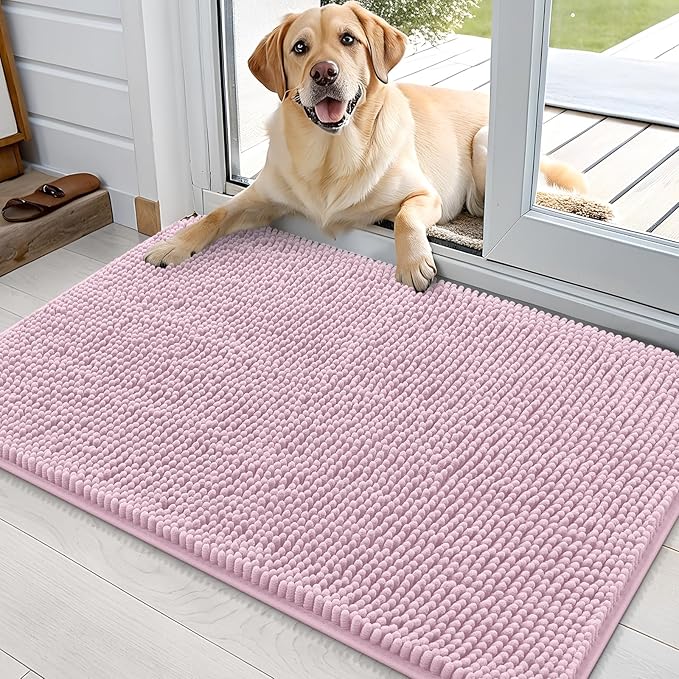 OLANLY Dog Door Mat for Muddy Paws 35x24, Absorbs Moisture and Dirt, Absorbent Non-Slip Washable Doormat, Quick Dry Chenille Mud Mat for Dogs, Entry Indoor Entryway Carpet for Inside Floor, Dusty Rose