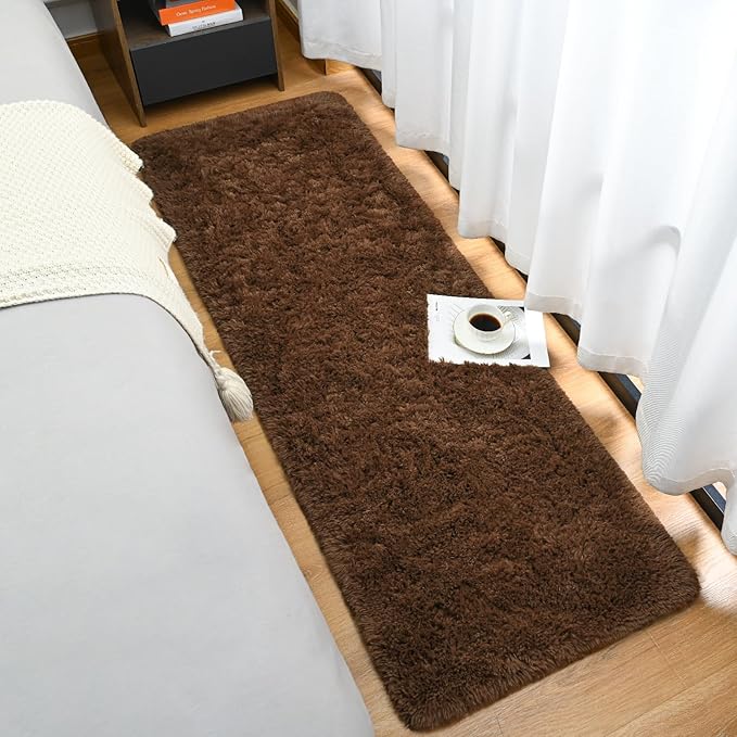 Goideal Fluffy Runner Rug for Bedroom Living Room, 2x6 Brown Bedside Rugs, Faux Fur Shag Modern Carpet Ultra Soft Girls Boys Room Home Decor, Solid
