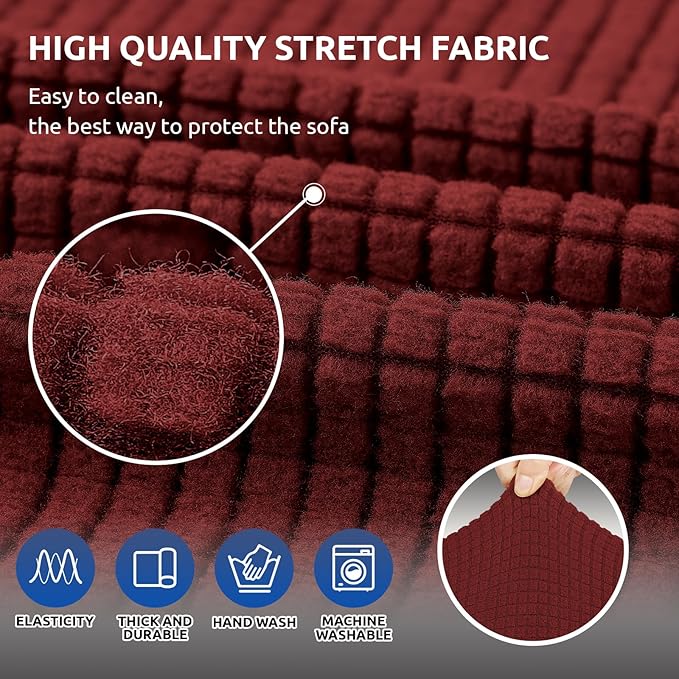 KEKUOU Stretch Sofa Cover Slipcover ，Couch Covers for 3 Cushion Couch Sofa pet Friendly (78"-94") Furniture Protector Sofa with Elastic Bottom for Kids,Dog, Jacquard Small Checked(Large,Dark Red)